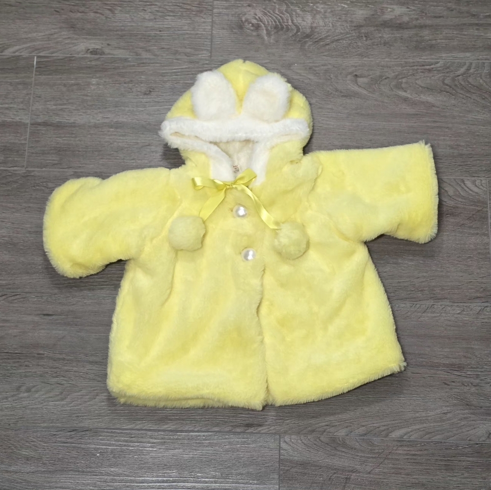 Yellow Bunny Ears Plush Faux Fur Hooded Coat Jacket Sz 6-12 Months